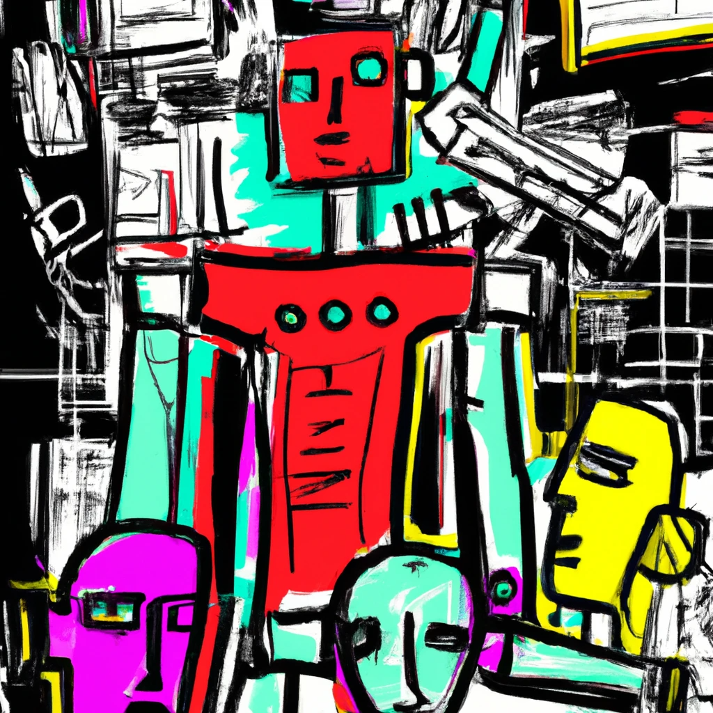 DALL-E prompt: Basquiat style image of future AI with robots