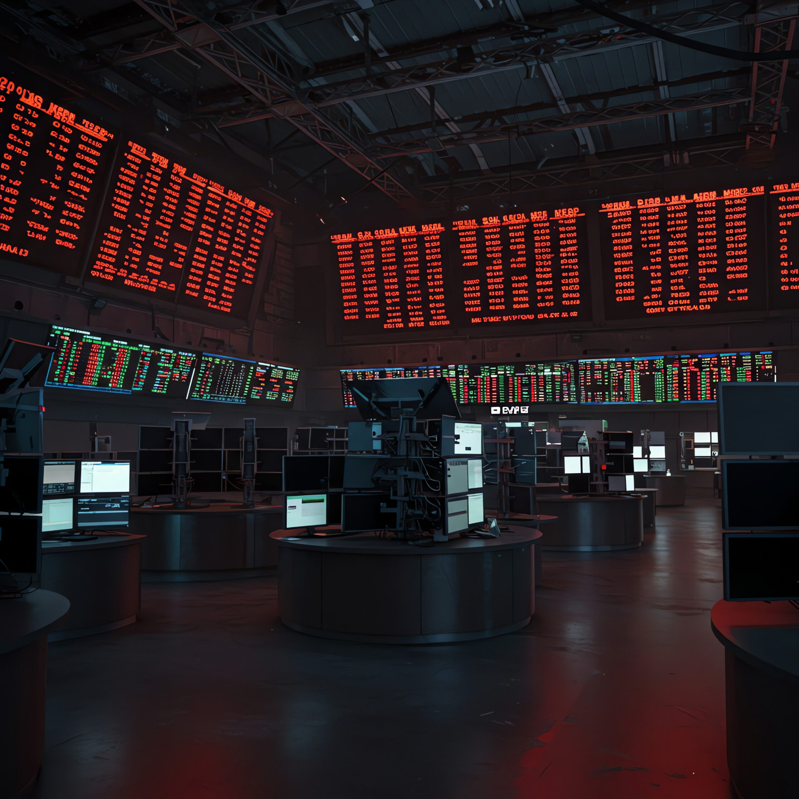 A deserted stock exchange floor, the screens showing red